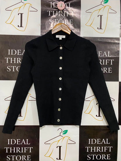 PREVIEW |S| BUST 14| A41| BLACK POLO COLLAR RIBBED BUTTON-UP UTILITY TOP