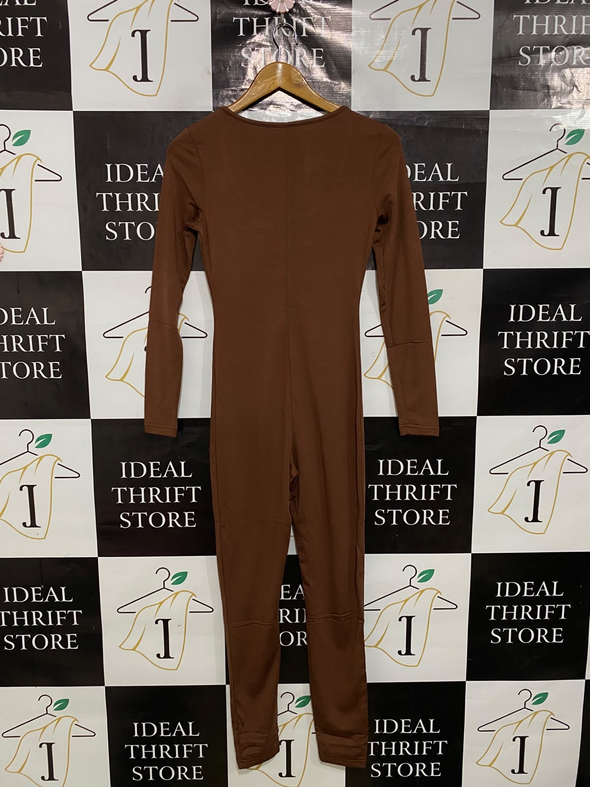 |S| BUST 14| A41| BROWN SCOOP-NECK LONG-SLEEVE UTILITY JUMPSUIT