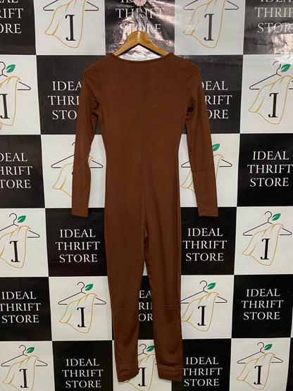 |S| BUST 14| A41| BROWN SCOOP-NECK LONG-SLEEVE UTILITY JUMPSUIT