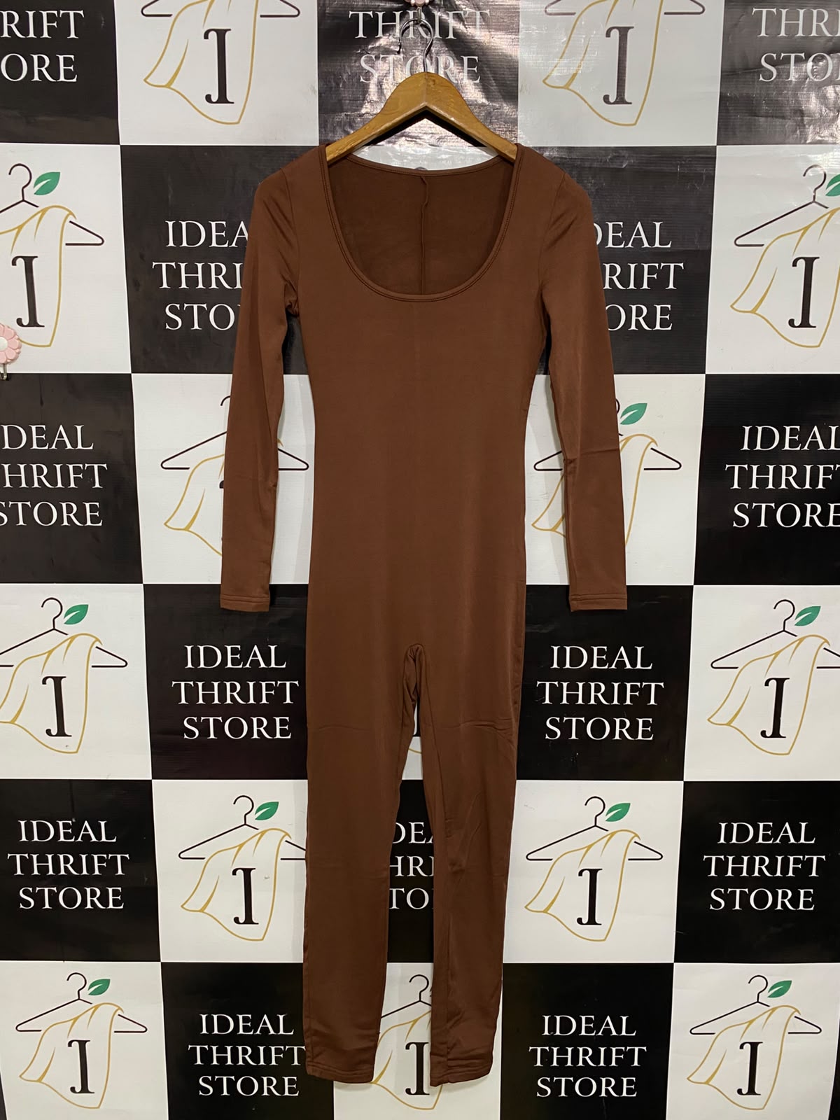 |S| BUST 14| A41| BROWN SCOOP-NECK LONG-SLEEVE UTILITY JUMPSUIT