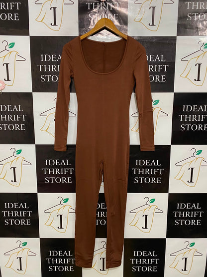 |S| BUST 14| A41| BROWN SCOOP-NECK LONG-SLEEVE UTILITY JUMPSUIT