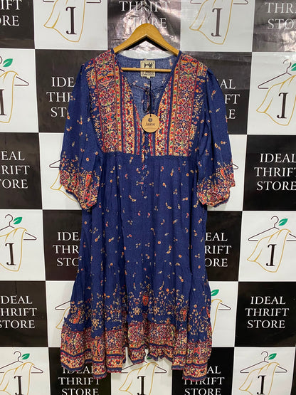 JAASE |L| BUST 22| A41| BLUE BOHEMIAN FLORAL PRINT UTILITY MIDI DRESS