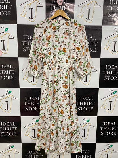 ANKO |S| BUST 15| A41| WHITE AND FLORAL BOTANICAL PRINT UTILITY MIDI DRESS