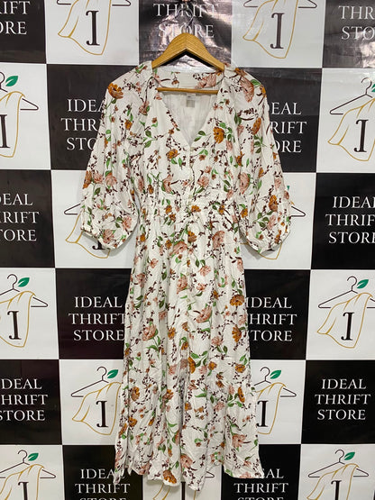ANKO |S| BUST 15| A41| WHITE AND FLORAL BOTANICAL PRINT UTILITY MIDI DRESS