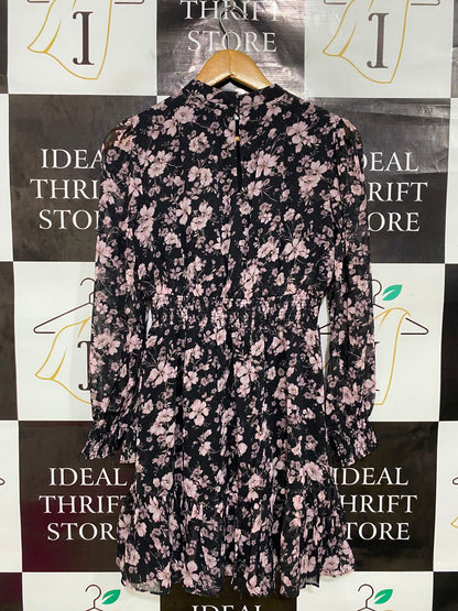 FOREVER NEW |S| BUST 16| A41| BLACK AND PINK FLORAL RUFFLE UTILITY MINI DRESS