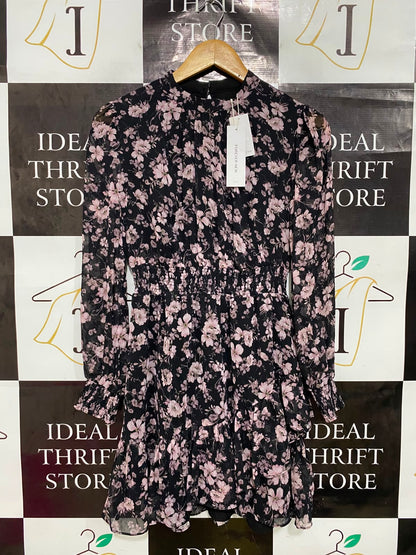 FOREVER NEW |S| BUST 16| A41| BLACK AND PINK FLORAL RUFFLE UTILITY MINI DRESS