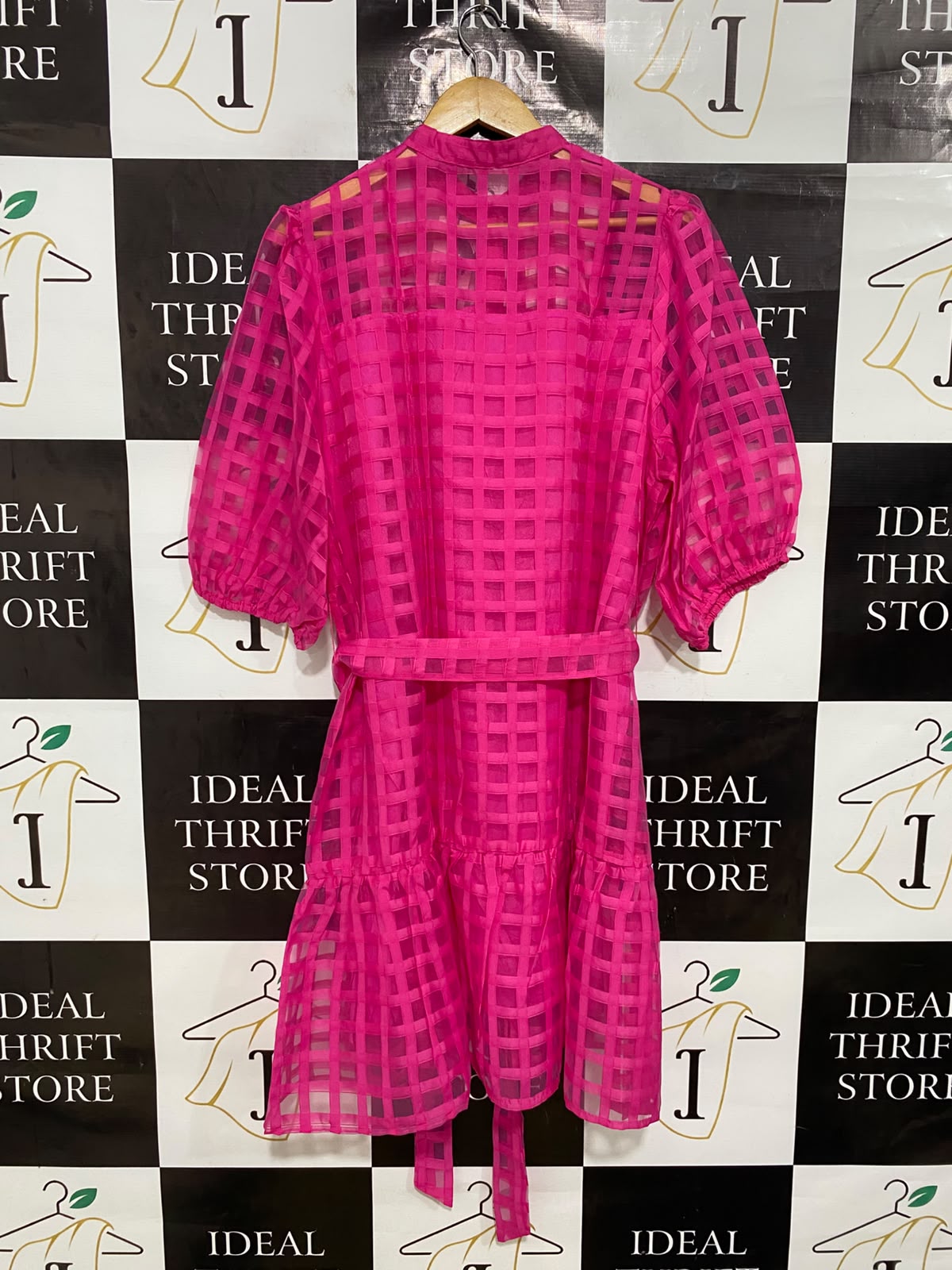 ST FROCK |L| BUST 22| A41| MAGENTA CHECKERED ORGANZA UTILITY TUNIC DRESS