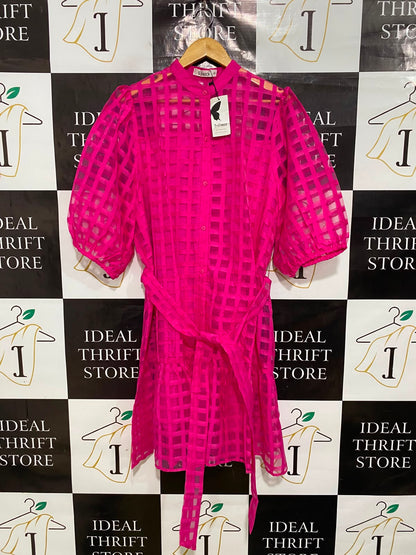 ST FROCK |L| BUST 22| A41| MAGENTA CHECKERED ORGANZA UTILITY TUNIC DRESS