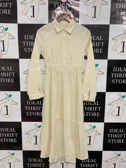 SHEIN |XS| BUST 15| A41| CREAM STRIPED SHIRT-STYLE LONG-SLEEVE UTILITY MIDI DRESS