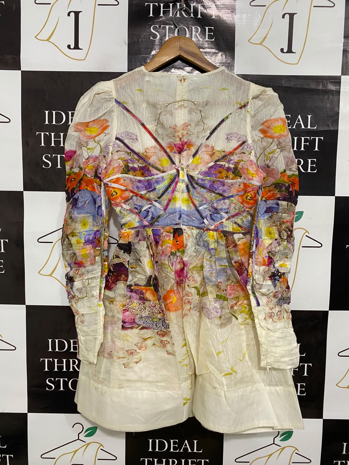 ZIMMERMANN |S| BUST 17| A41| MULTICOLOR FLORAL STRAPPY ORGANZA UTILITY MINI DRESS