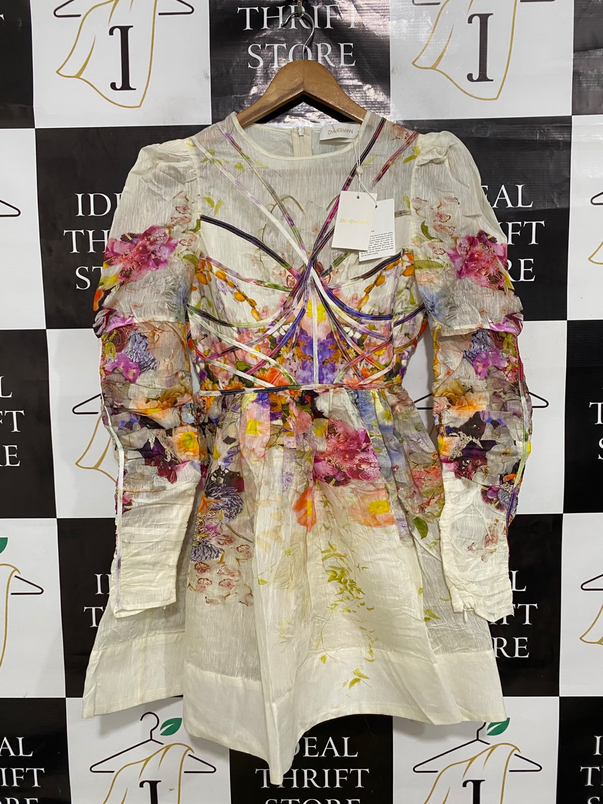 ZIMMERMANN |S| BUST 17| A41| MULTICOLOR FLORAL STRAPPY ORGANZA UTILITY MINI DRESS