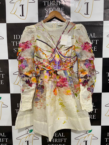 ZIMMERMANN |S| BUST 17| A41| MULTICOLOR FLORAL STRAPPY ORGANZA UTILITY MINI DRESS