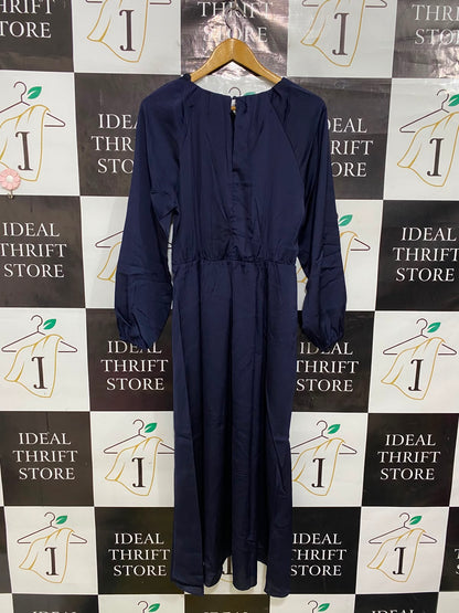 TOKITO |M| BUST 18| A41| NAVY BLUE SATIN LONG-SLEEVE UTILITY MIDI DRESS