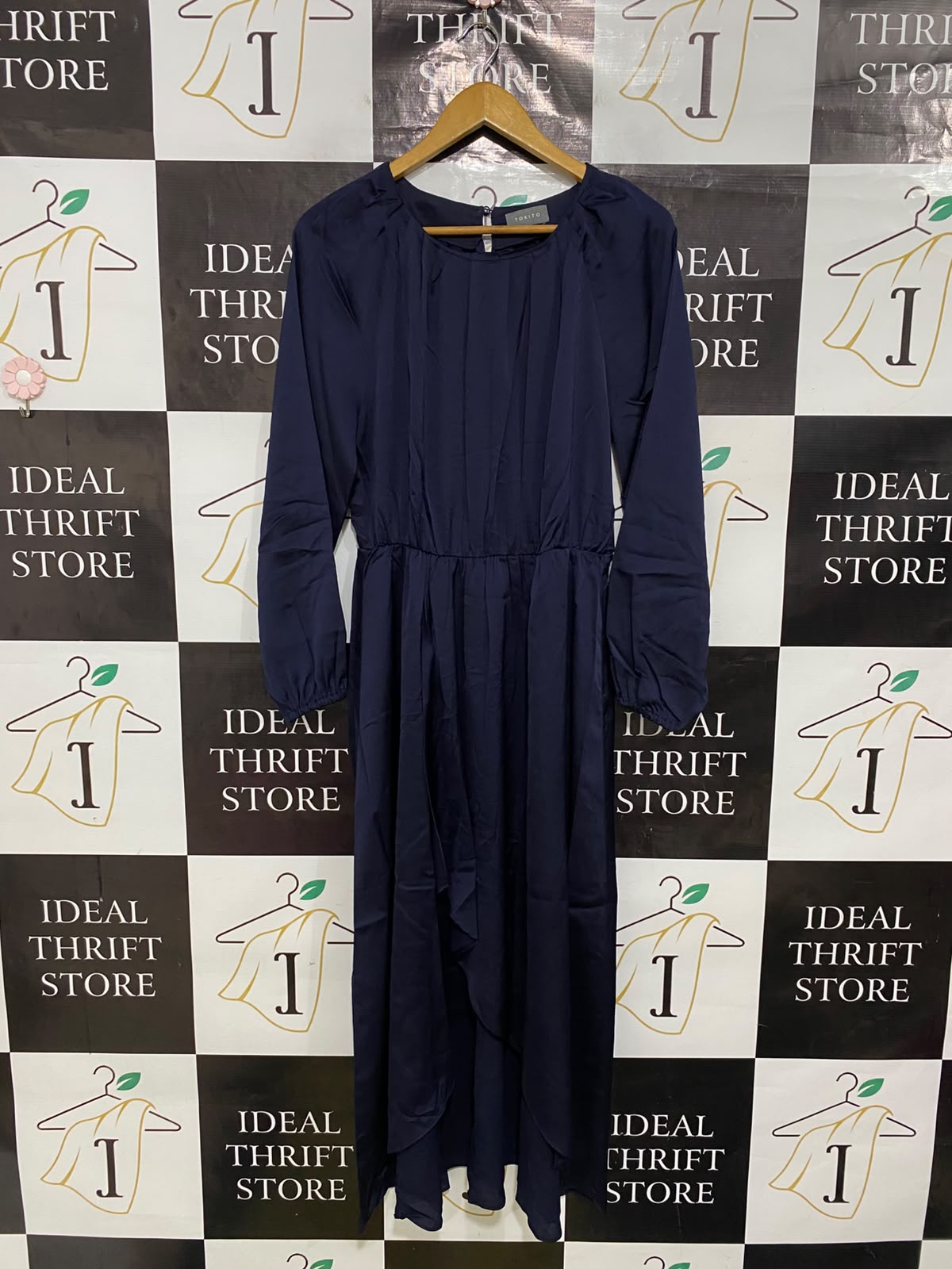 TOKITO |M| BUST 18| A41| NAVY BLUE SATIN LONG-SLEEVE UTILITY MIDI DRESS