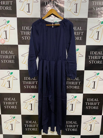 TOKITO |M| BUST 18| A41| NAVY BLUE SATIN LONG-SLEEVE UTILITY MIDI DRESS