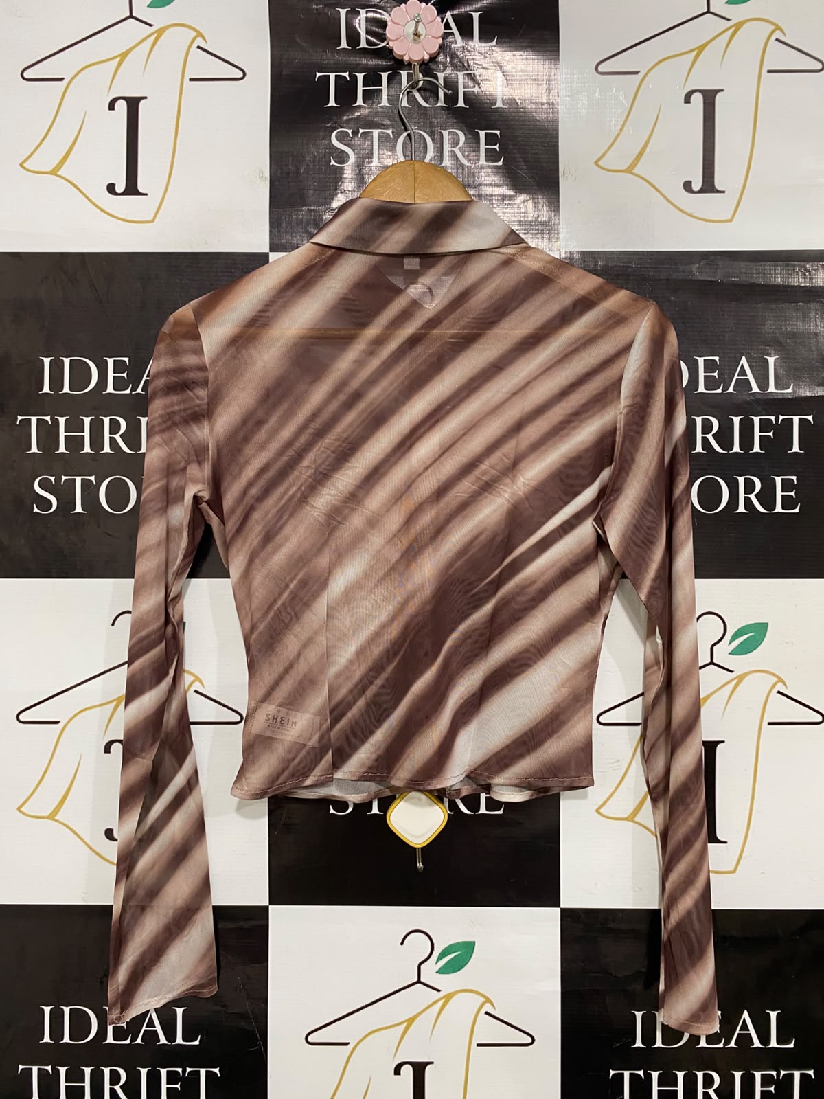 SHEIN |M| BUST 16| A40| BROWN STRIPED MESH BUTTON-UP UTILITY TOP