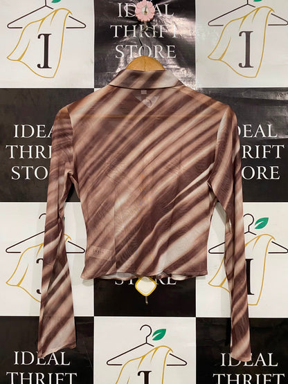 SHEIN |M| BUST 16| A40| BROWN STRIPED MESH BUTTON-UP UTILITY TOP