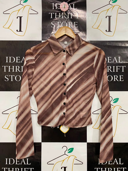 SHEIN |M| BUST 16| A40| BROWN STRIPED MESH BUTTON-UP UTILITY TOP