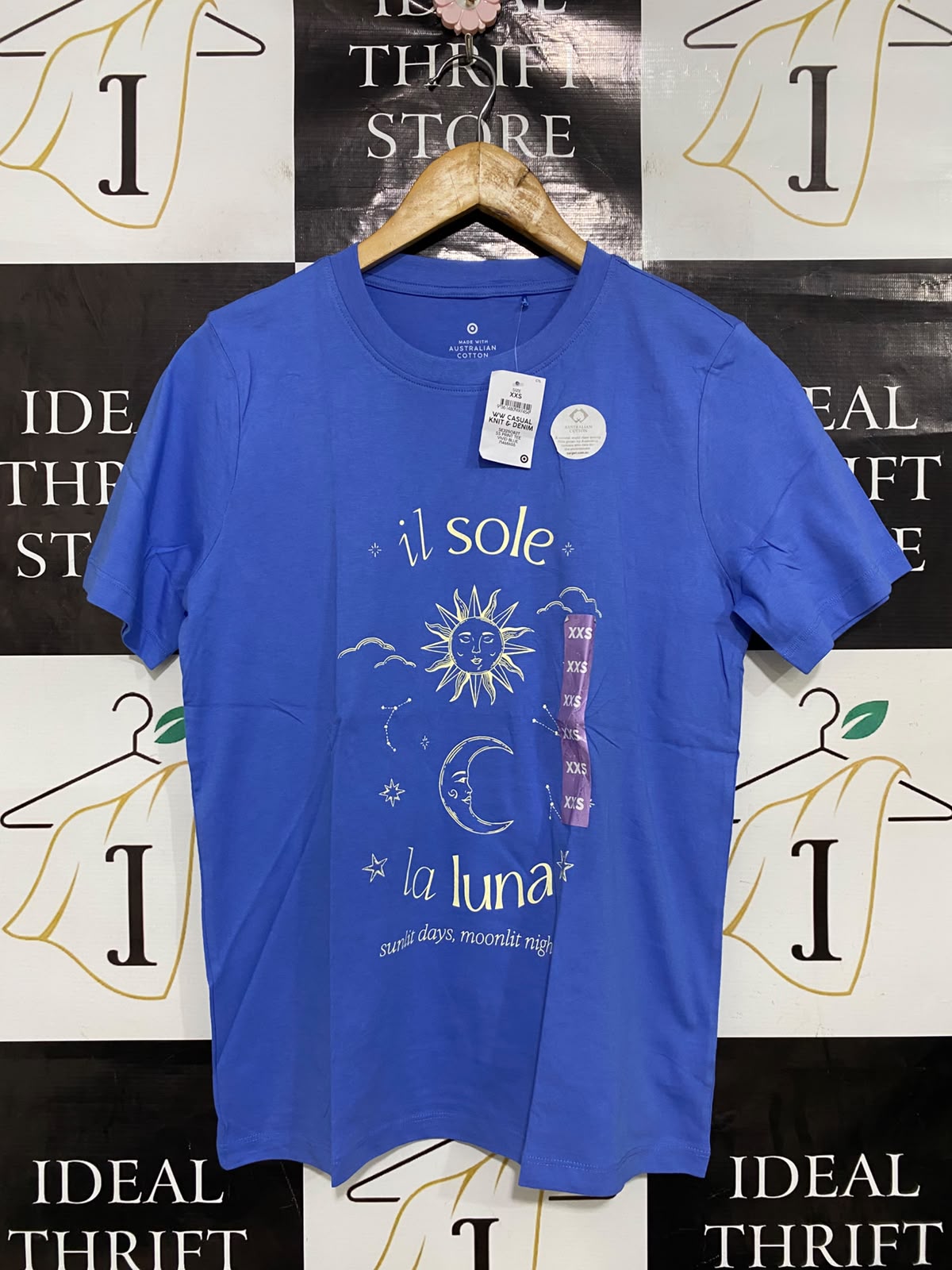TARGET WOMAN |XS| BUST 18| A40| BLUE "IL SOLE LA LUNA" GRAPHIC UTILITY T-SHIRT