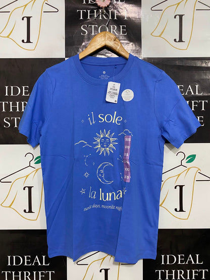TARGET WOMAN |XS| BUST 18| A40| BLUE "IL SOLE LA LUNA" GRAPHIC UTILITY T-SHIRT