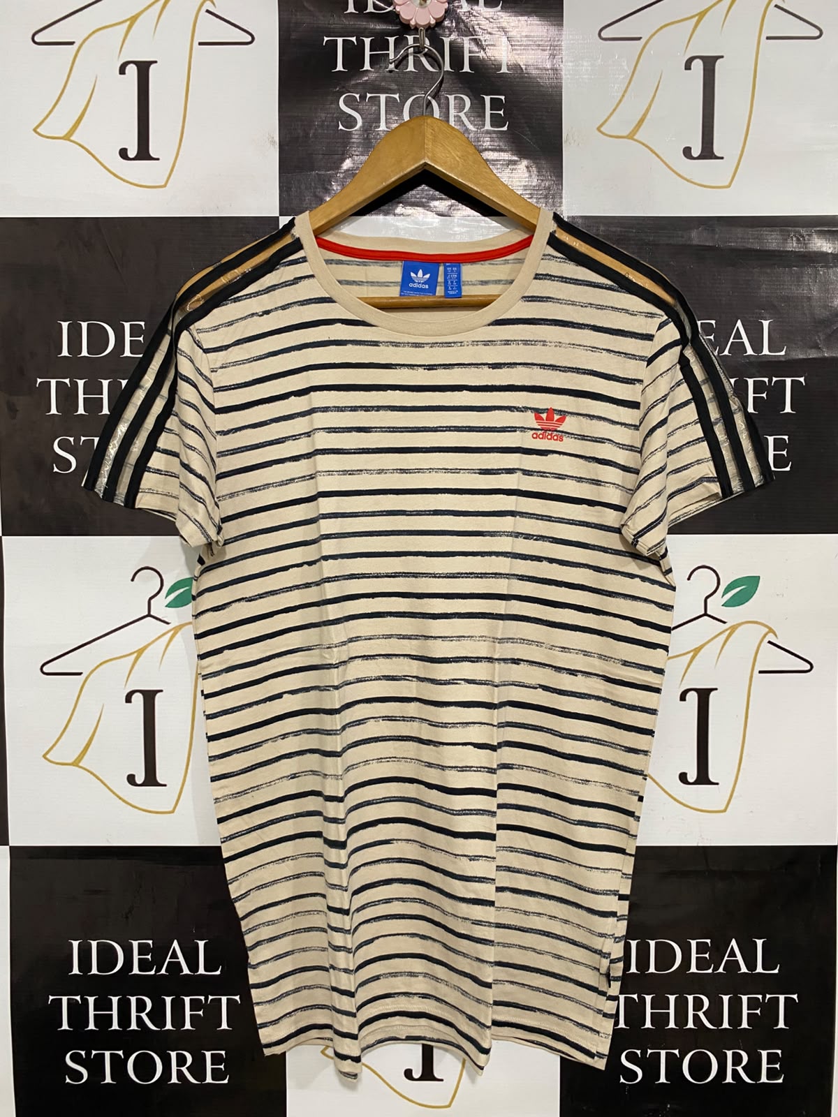 ADIDAS |S| BUST 20| A40| BEIGE STRIPED THREE-STRIPE UTILITY T-SHIRT