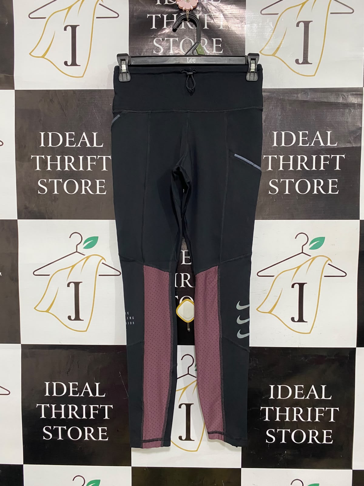 NIKE |S| WAIST 24| A40| BLACK AND BURGUNDY PANELLED DRI-FIT PERFORMANCE UTILITY LEGGINGS