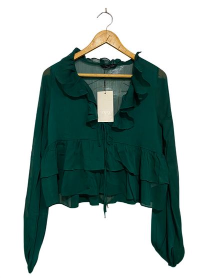 ZARA |M| BUST 17| A41| EMERALD GREEN RUFFLED TIE-FRONT UTILITY BLOUSE
