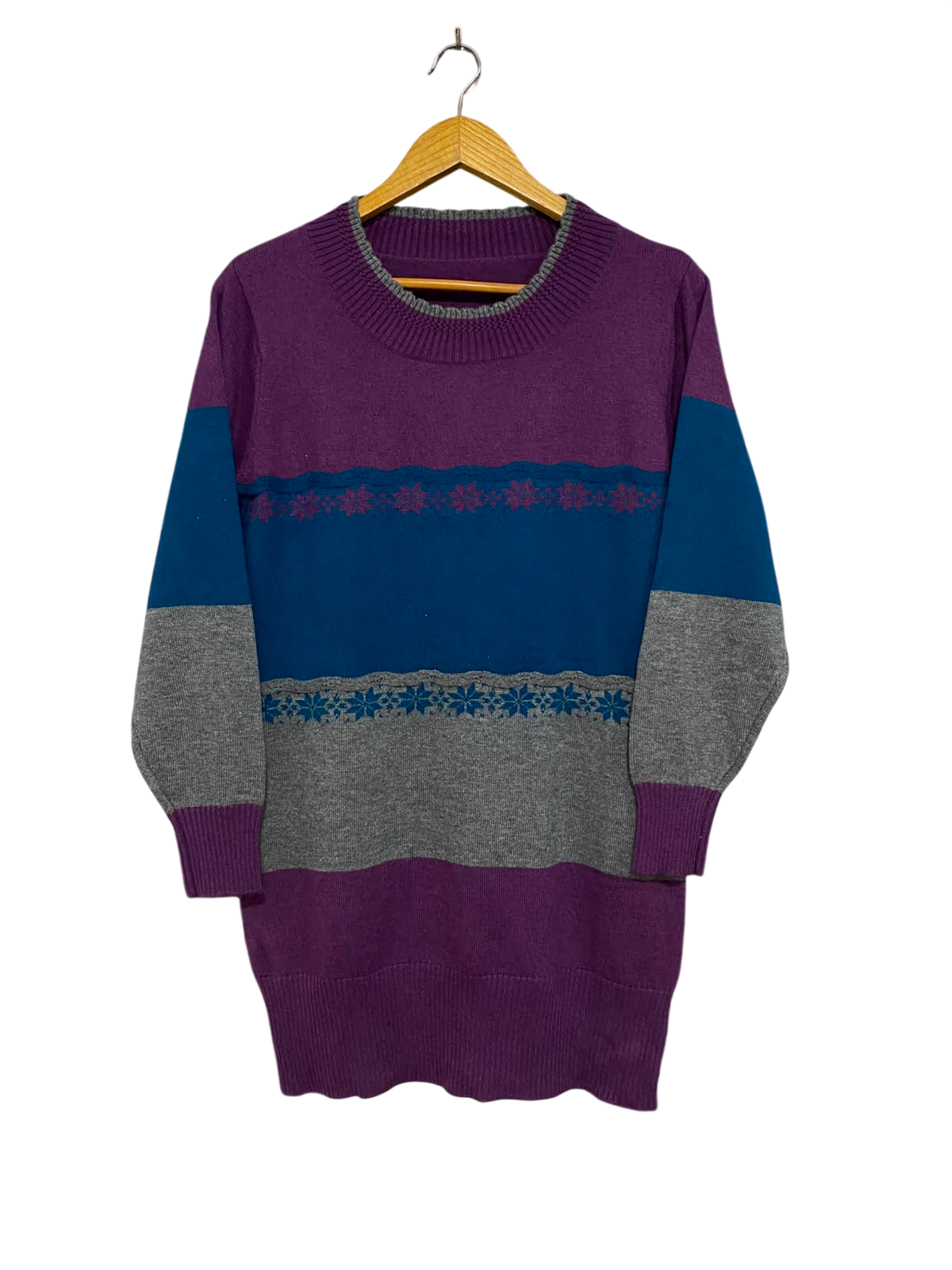 |M| BUST 19| A41| PURPLE COLORBLOCK FAIR ISLE UTILITY SWEATER DRESS