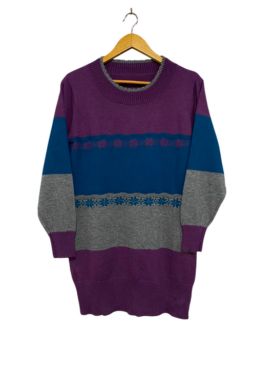 |M| BUST 19| A41| PURPLE COLORBLOCK FAIR ISLE UTILITY SWEATER DRESS