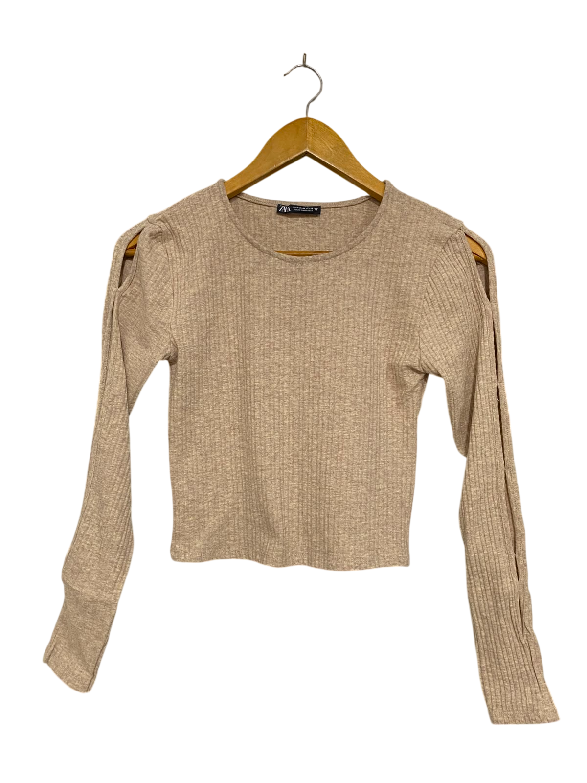 ZARA |M| BUST 14| A41| BEIGE CUT-OUT SLEEVE RIBBED UTILITY TOP