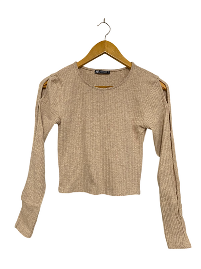 ZARA |M| BUST 14| A41| BEIGE CUT-OUT SLEEVE RIBBED UTILITY TOP