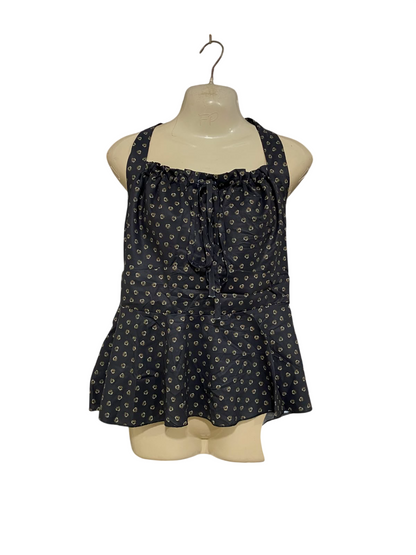 CLASSIC FASHION |M| BUST 17| A41| BLACK FLORAL PRINT RUCHED PEPLUM UTILITY TANK TOP
