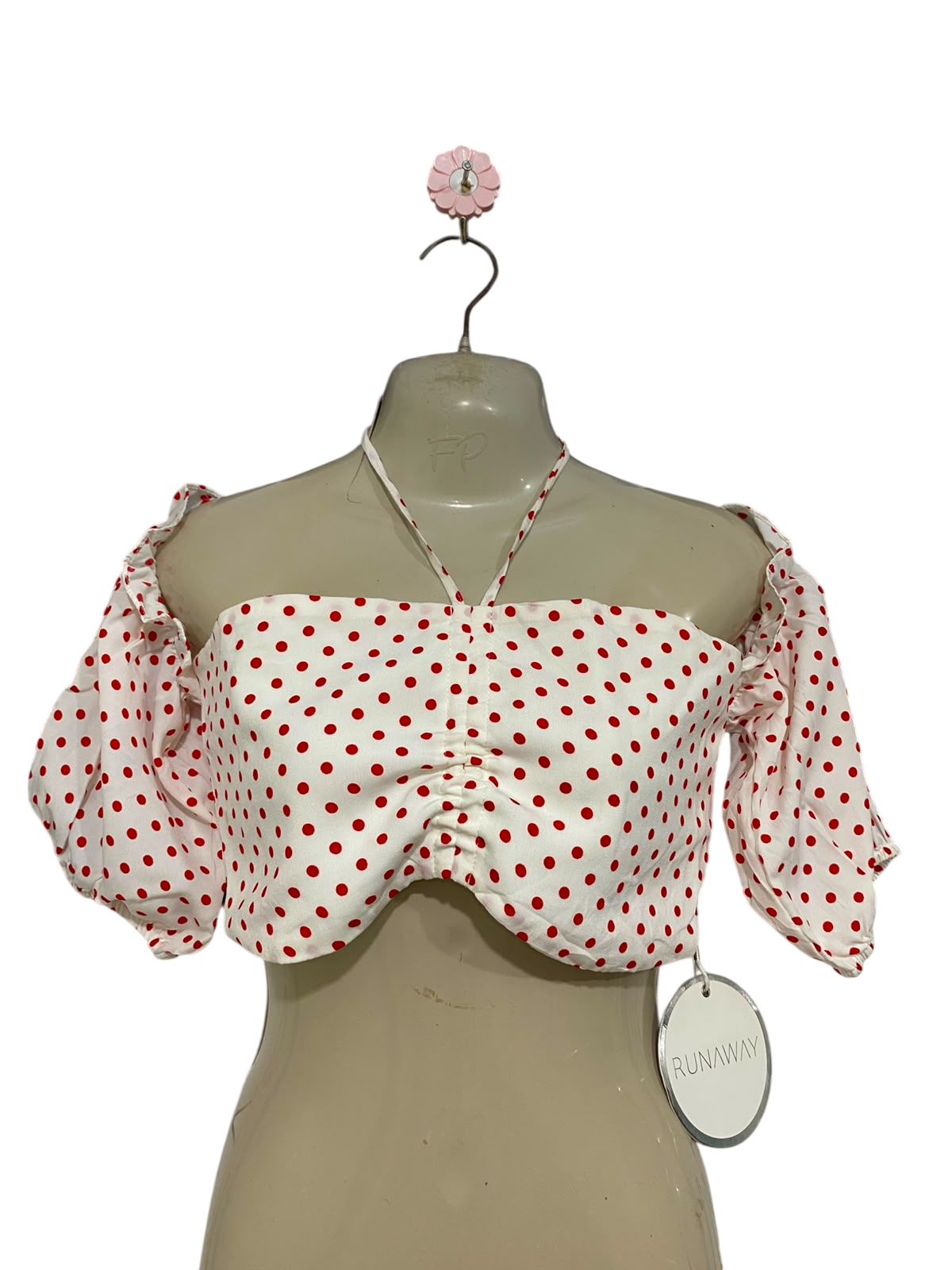 RUNWAY |M| BUST 15| A41| RED AND WHITE POLKA-DOT OFF-SHOULDER UTILITY CROP TOP