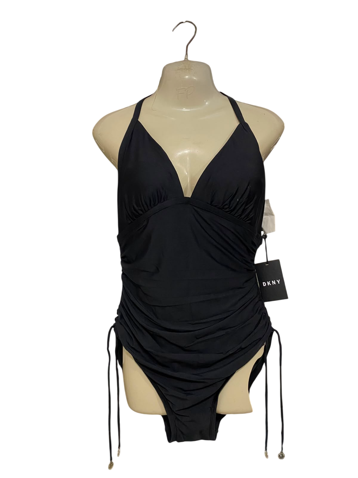 DKNY |S| BUST 15| A41| BLACK HALTER RUCHED UTILITY ONE-PIECE SWIMSUIT