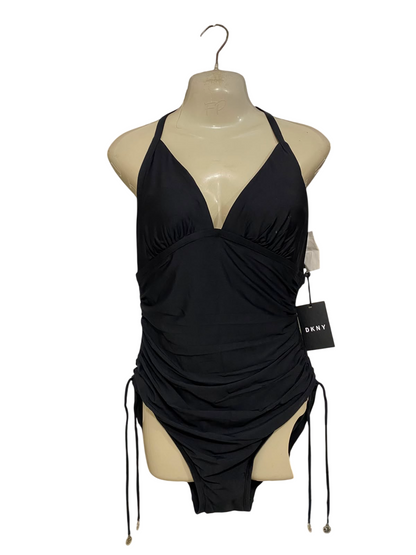 DKNY |S| BUST 15| A41| BLACK HALTER RUCHED UTILITY ONE-PIECE SWIMSUIT