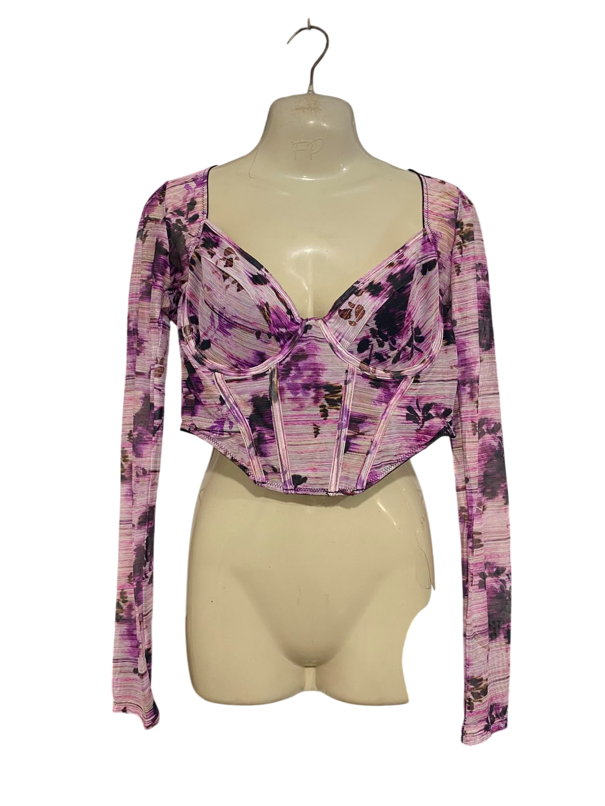 ALLY |M| BUST 16| A41| PURPLE FLORAL MESH CORSET-STYLE UTILITY CROP TOP