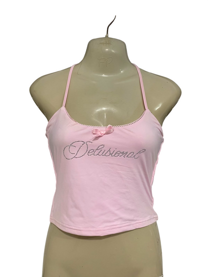 OUTCAST |M| BUST 14| A41| LIGHT PINK "DELUSIONAL" RHINESTONE CAMI UTILITY CROP TOP