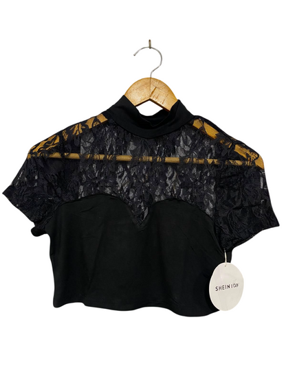 SHEIN |M| BUST 14| A41| VCAY BLACK LACE YOKE MOCK-NECK UTILITY CROP TOP