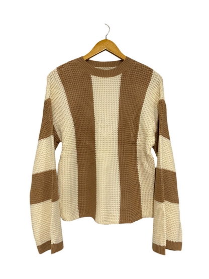 SHEIN |M| BUST 19| A42| CAMEL AND CREAM VERTICAL STRIPED WAFFLE-KNIT UTILITY SWEATER