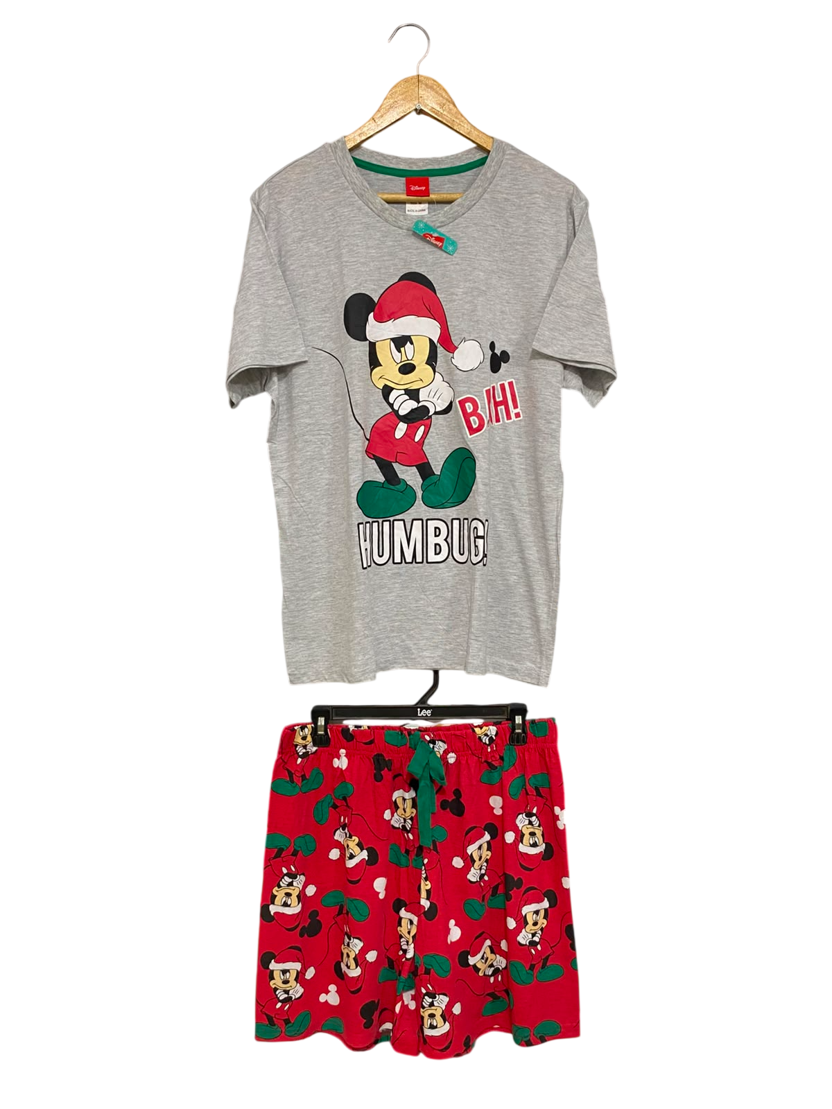 DISNEP |M| A42| MICKEY "HUMBUG" GREY TEE AND RED PAJAMA SHORTS UTILITY LOUNGE SET