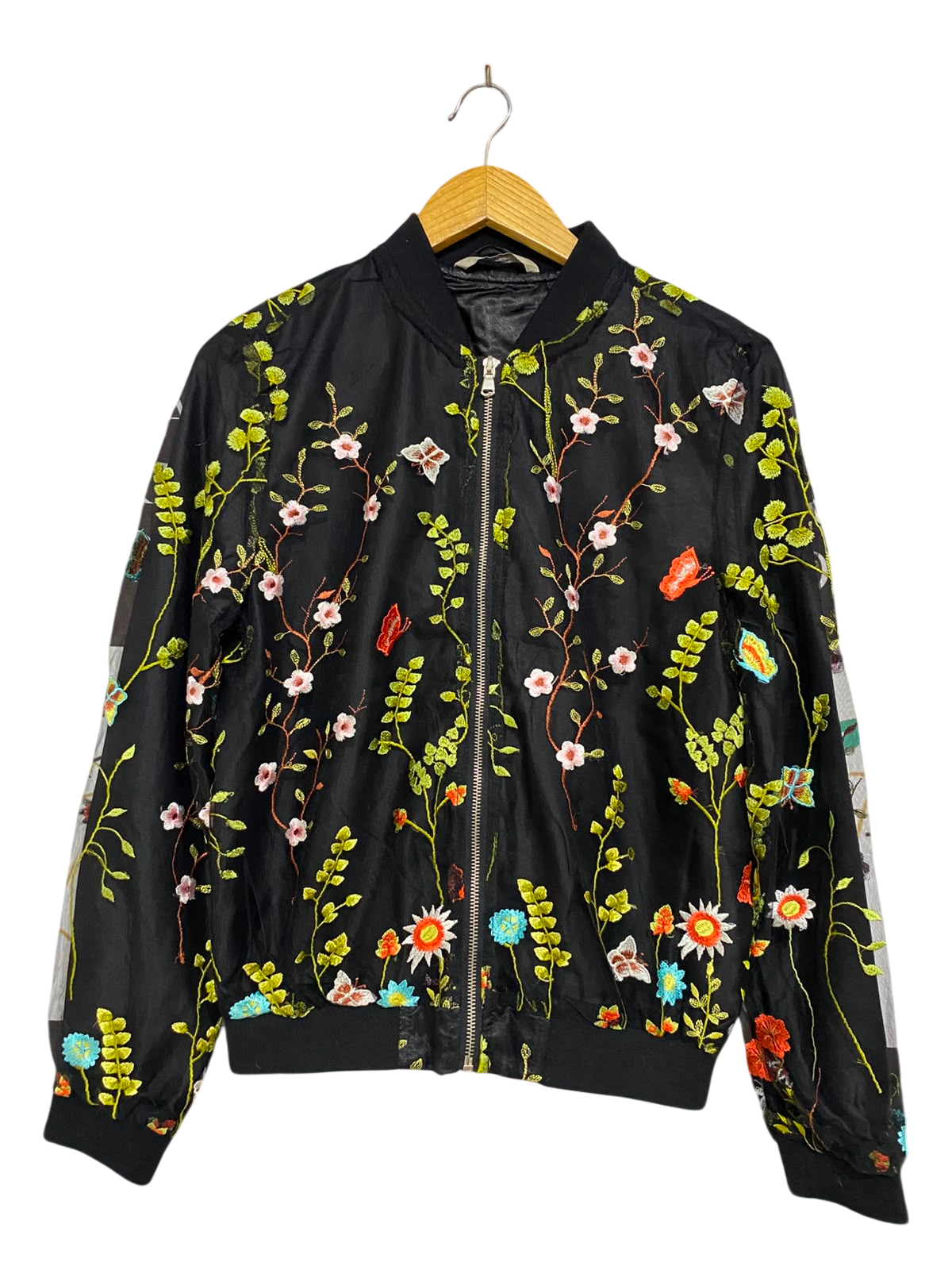 GEORGE |L| BUST 19| A42| BLACK FLORAL EMBROIDERED MESH BOMBER UTILITY JACKET