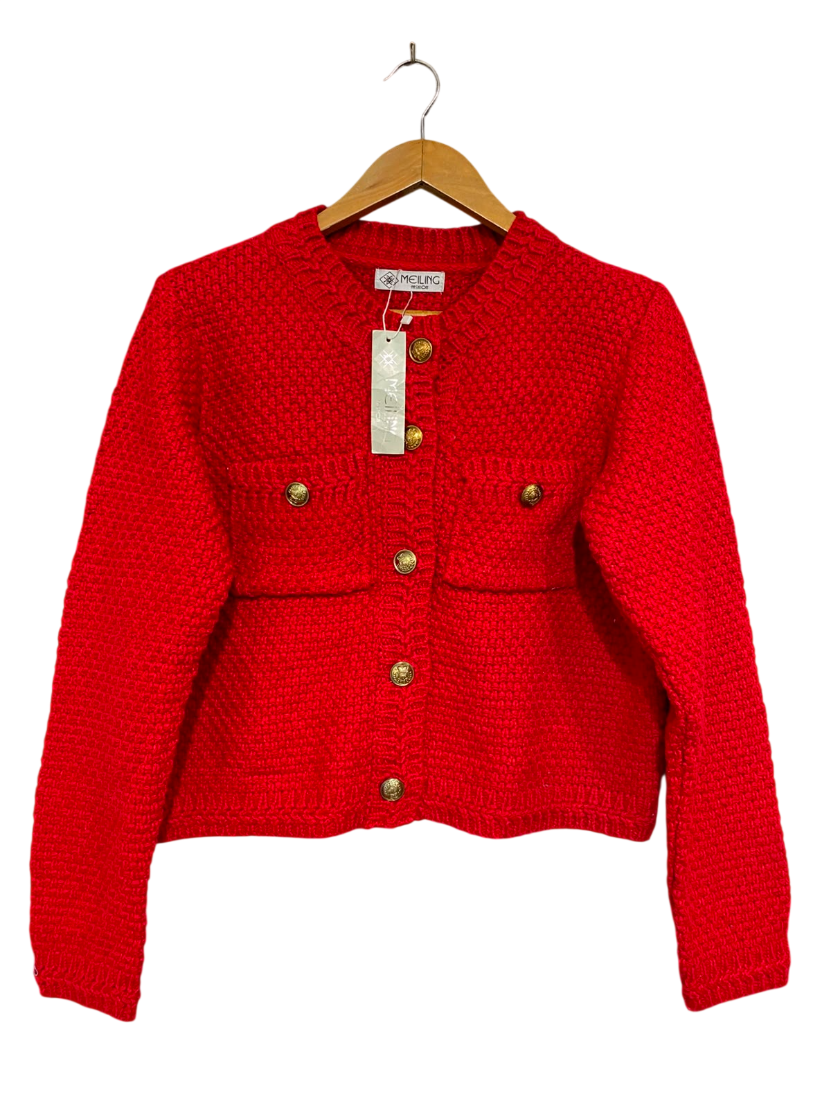 MEILING |L| BUST 20| A42| VIBRANT RED TEXTURED KNIT BUTTON-UP UTILITY CARDIGAN