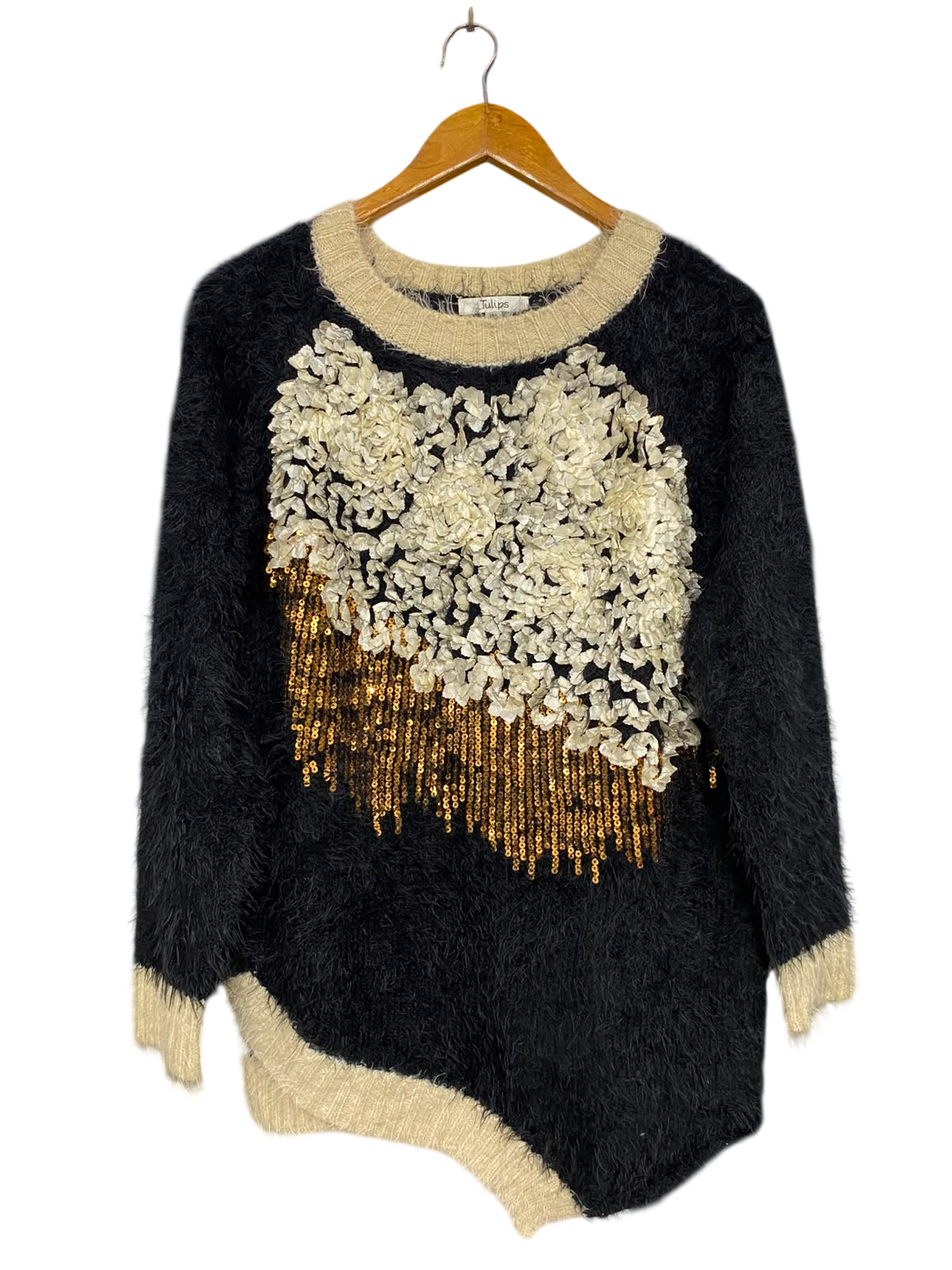 TULIPS |M/L| BUST 20| A42| BLACK FLUFFY KNIT SWEATER WITH 3D FLORAL AND SEQUIN EMBELLISHMENT