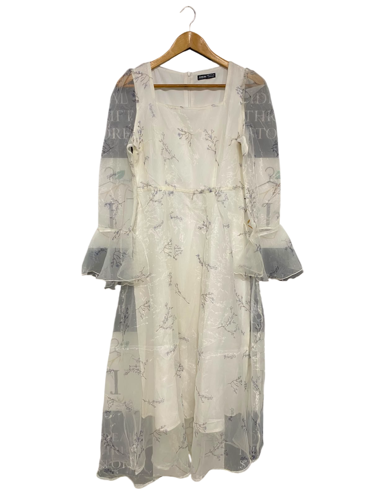 SHEIN |M| BUST 16| A42| OFF-WHITE SHEER FLORAL MESH LAYERED UTILITY MIDI DRESS