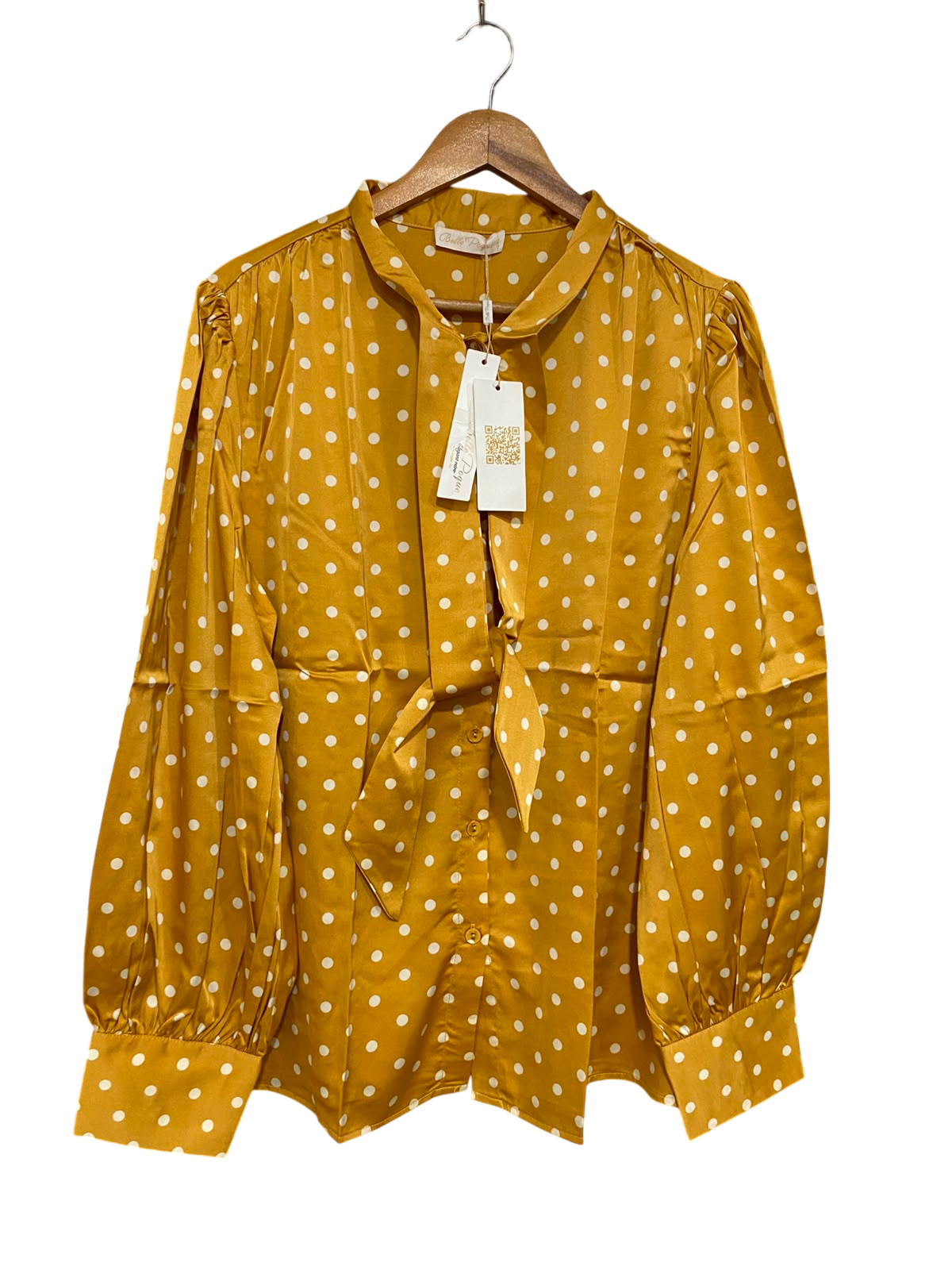 BELLE POQUE |XL| BUST 23| A42| MUSTARD AND WHITE POLKA-DOT TIE-NECK UTILITY BLOUSE