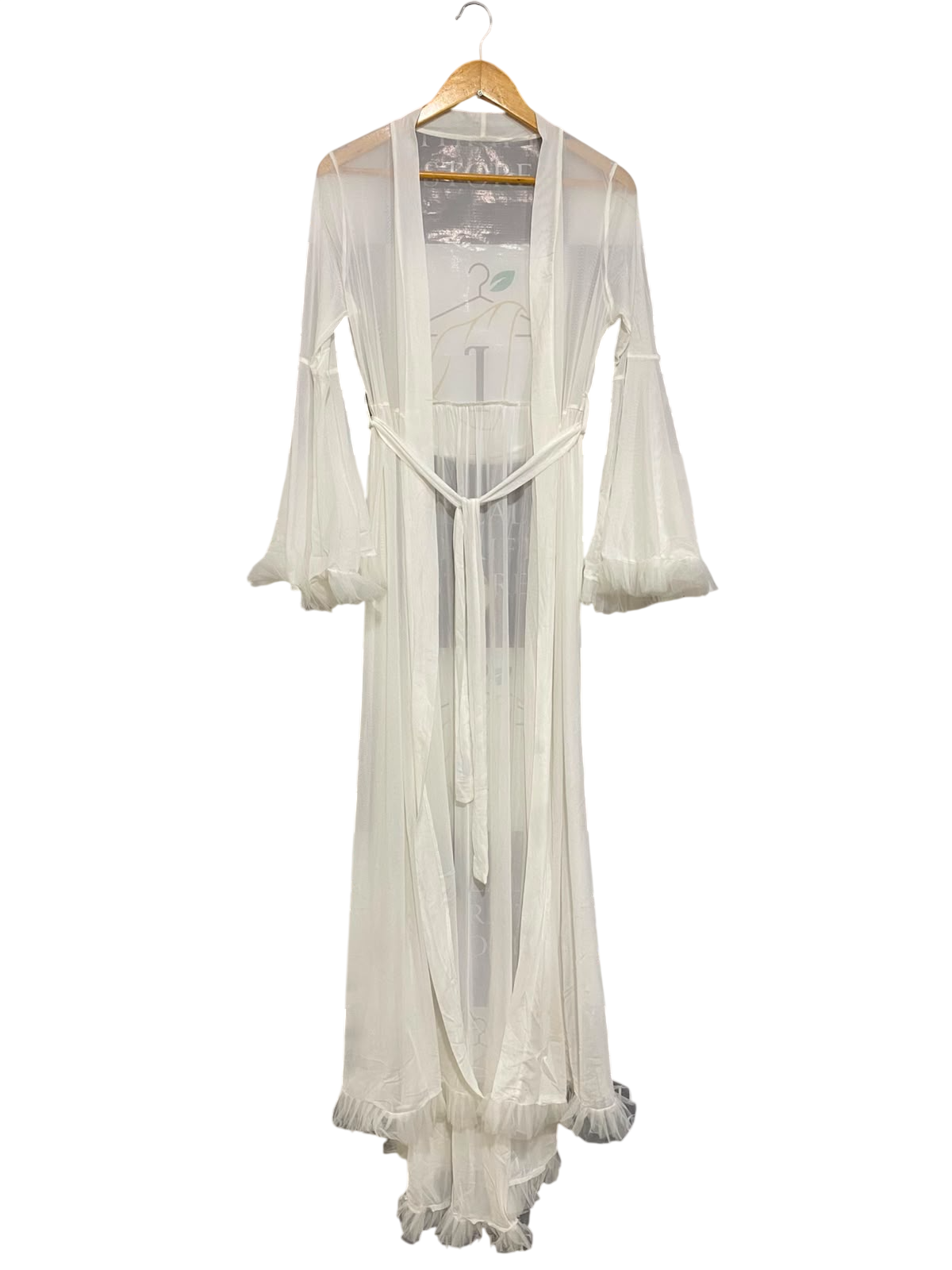 |S| BUST 18| A42| WHITE SHEER MESH RUFFLE-TRIMMED UTILITY KIMONO ROBE