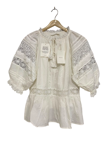 MAYE |L| BUST 20| A42| OFF-WHITE CROCHET LACE-TRIMMED UTILITY BLOUSE