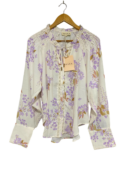 TULUA |L| BUST 20| A42| TULUA LILAC FLORAL LACE-TRIMMED UTILITY BLOUSE