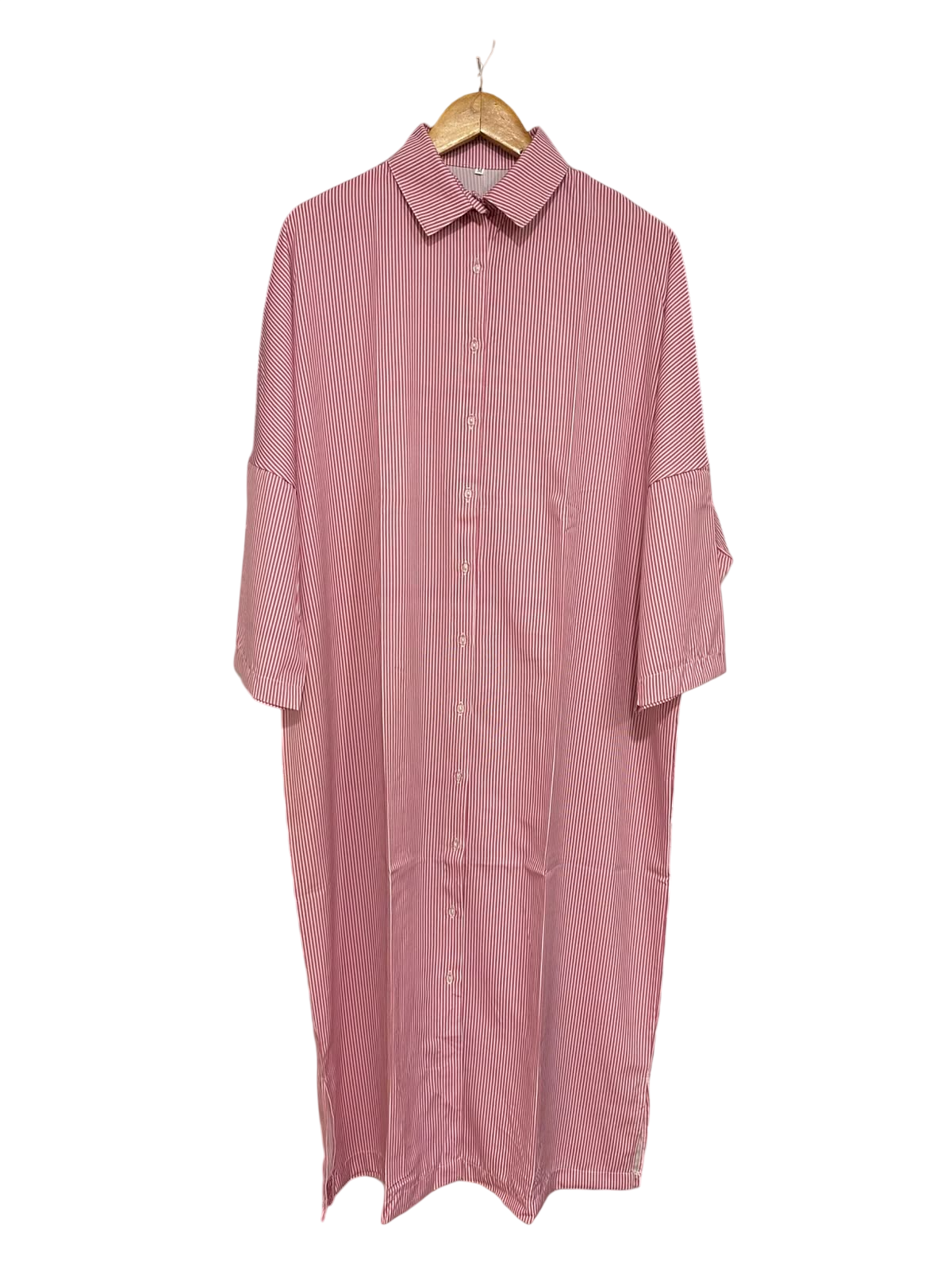 |M| BUST FREE| A42| RED AND WHITE PINSTRIPE OVERSIZED UTILITY SHIRT DRESS