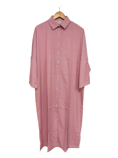 |M| BUST FREE| A42| RED AND WHITE PINSTRIPE OVERSIZED UTILITY SHIRT DRESS